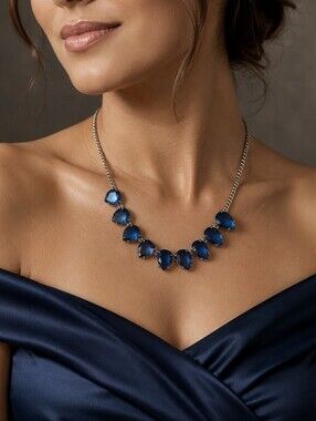 J. Crew Brand Signed Teardrop Faceted Sapphire Blue Glass Statement Necklace